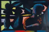 Charles Blackman, Girl with Flowers c1987, c1987, oil on paper on canvas