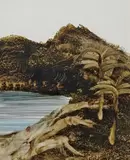 On the Black Wide Palms and Hills c1958 by Sidney Nolan, c1958, mixed media on paper on board, sold Jul 2020