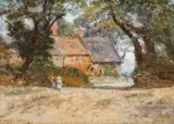 Frederick McCubbin, Cottage, Trees and Children 1907, 1907, oil on canvas on board