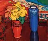 Criss Canning, Nasturtiums, Iris and Blue Vase, oil on canvas