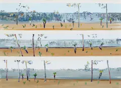 Grass Trees in Landscape, Deception Bay c1971 by Fred Williams, c1971, gouache and oil on paper, sold Feb 2020
