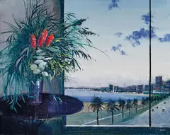 Australian Wildflowers and View of St Kilda by Herman Pekel, oil on canvas, sold Feb 2020