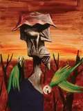 Albert Tucker, Intruder and Parrots 1965, 1965, oil on composition board