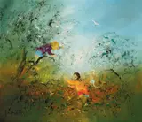 David Boyd, Untitled (Children and White Cockatoos), oil on canvas