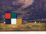 Jeffrey Smart, Containers at Pisa Airport 1998, 1998, hand-coloured etching