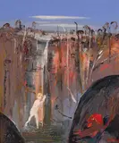 Arthur Boyd, Woman Bathing in a Waterfall (Susanna and the Elders) c1997, c1997, oil on board