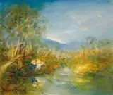 David Boyd, Untitled (Children Playing by a Lake), oil on board