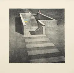 Jeffrey Smart, The Last Train 1989, 1989, hand-coloured lithograph