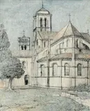 Lloyd Rees, Basilica of the Madeleine, Vézelay 1973, 1973, pen, ink and wash on paper