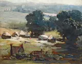 Kent Harvest (also known as Harvest in Kent) 1905 by Arthur Streeton, 1905, oil on board, sold Mar 2019
