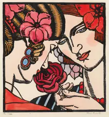 Thea Proctor, The Rose 1927, 1927, hand-coloured woodcut