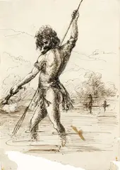 Thomas Balcombe, Study for Aborigine Fishing by Torchlight c1853, c1853, ink and pencil on paper