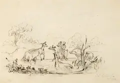 Thomas Balcombe, Sketch of a Man, Horse, Dog and Kangaroo in Water Bank 1853, 1853, ink and pencil on paper