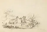 Thomas Balcombe, Sketch of a Man, Horse, Dog and Kangaroo in Water Bank 1853, 1853, ink and pencil on paper