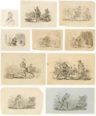 Thomas Balcombe, (i) Slasher Insulted on the Road (ii)Slasher at Turon (iii)Slasher Says "Good-By" [sic] (3) (iv)Slasher Mining with Pickaxe (v)Slasher Washing and Sifting (vi)Slasher at Turon with Pipe and Conch (2) c1852, c1852, engravings (9)
