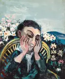 John Perceval, Man Thinking in Cane Chair with Flowers c1954