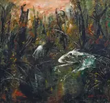 Child and White Dog by a Pond c1966 by Arthur Boyd, c1966, oil on canvas, sold Nov 2018