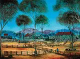 Sheepyards by Pro Hart, oil on canvas-board, sold Aug 2018