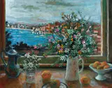 Double Bay and Wildflowers 1999 by Margaret Olley, 1999, oil on board, sold Apr 2018