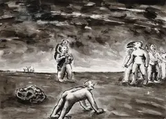 Peter Booth, Figures 1977, 1977, charcoal, ink and wash on paper