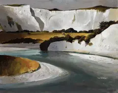 White Cliffs and Rangitikei River c1950 by Peter McIntyre, c1950, oil on board, sold Nov 2017