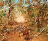 Sheep on the Wattle Creek Road, North East Victoria by Hugh Sawrey, oil on canvas, sold Nov 2017