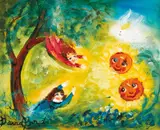 David Boyd, Two Children, Sunflowers and Cockatoo, oil on board
