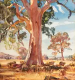Rural Landscape with Gums and Grazing Sheep 1938 by Hans Heysen, 1938, watercolour on paper, sold May 2017