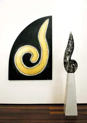 Seer 1990 by Akio Makigawa, 1990, oil and gold leaf on canvas; white Carrara marble, Poltarro marble, sold May 2017