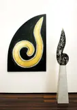 Akio Makigawa, Seer 1990, 1990, oil and gold leaf on canvas; white Carrara marble, Poltarro marble