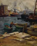 Dora Meeson, View of the Thames below Tower Bridge 1950, 1950, oil on board