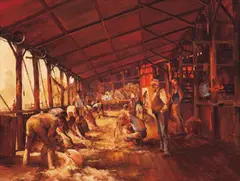D'Arcy Doyle, Shearing the Rams c1970, c1970, oil on board