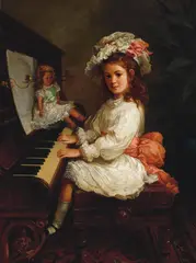 Nicholas Chevalier, Portrait of Miss Winifred Hudson as a Young Girl, Seated at a Piano, her Doll Nearby 1888, 1888, oil on canvas