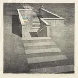 Jeffrey Smart, The Last Train 1989, 1989, hand-coloured lithograph