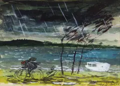 Bike Rider, Stormy Weather, Wangi by William Dobell, gouache on card, sold Mar 2016