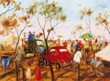 At the Thargominda Picnic Races, Western Queensland 1989 by Hugh Sawrey, 1989, oil on board, sold Mar 2016