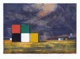 Jeffrey Smart, Containers at Pisa Airport 1998, 1998, hand-coloured etching