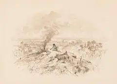 Thomas Balcombe, Untitled (Aborigine Tending Campfire), mixed media on paper