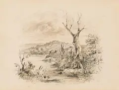 Thomas Balcombe, Untitled (Aboriginal Figure on Riverbank), mixed media on paper