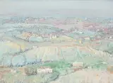 Lloyd Rees, Village in Tuscany 1970, 1970, oil on board