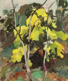 Lina Bryans, Untitled (Landscape with Wattle), oil on canvas on board