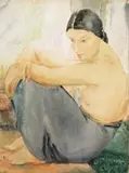Rah Fizelle, Untitled (Seated Female Figure in Skirt), watercolour on paper on board