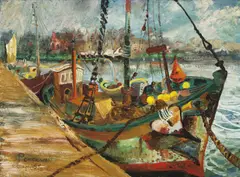 John Perceval, The Moored Shark Boat 1959, 1959, oil on canvas on board
