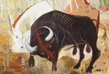 A Black Bull & White Horse 1988 by Clifton Pugh, 1988, oil on canvas, sold Sep 2015