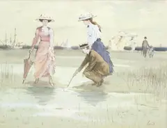 Gerrard Lants, Umbrellas by the Sea, watercolour on paper