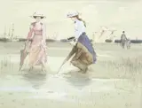Gerrard Lants, Umbrellas by the Sea, watercolour on paper