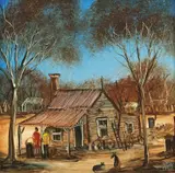 Stockman's Hut by Pro Hart, oil on board, sold Sep 2015