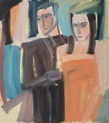 Two Figures (Orange Dress) 1986 by Vicki Varvaressos, 1986, oil on masonite, sold Sep 2015