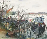 Celia Perceval, House Boats at Pin-Mill, oil on canvas