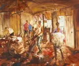 Stingy Jones' Shearing Team by Hugh Sawrey, oil on board, sold Jun 2015
